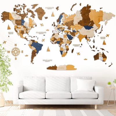 Grote Houten Wereldkaart voor aan de Muur - Italiaanse Taal - 3D Wanddecoratie