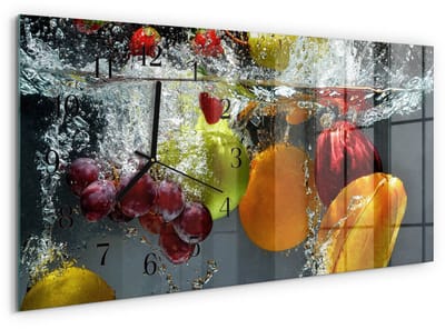 Tulup Wandklok - Fruit Glazen Wandklok Design - 60x30 cm - Veelkleurig Klok Glas Met Opdruk - Zwarte Handen - Rechthoekige Wandklok - Glazen Wandklok Design - Klok Glas Met Opdruk