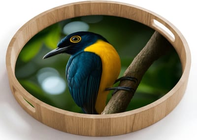 Dienblad rond 40x40 cm - Schootdienblad hout - Vogel - Tak - Geel - Bladeren - Borrelplank rechthoek - Plateau houten dienbladen
