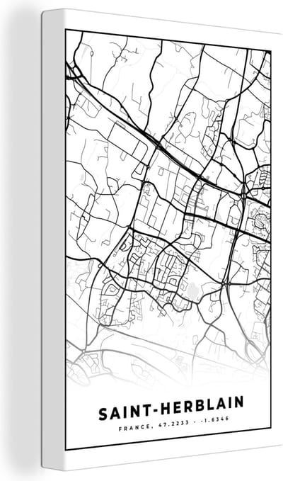 Canvas Schilderij Kaart - Plattegrond - Saint-Herblain - Frankrijk - Stadskaart - Zwart wit - 20x30 cm - Wanddecoratie