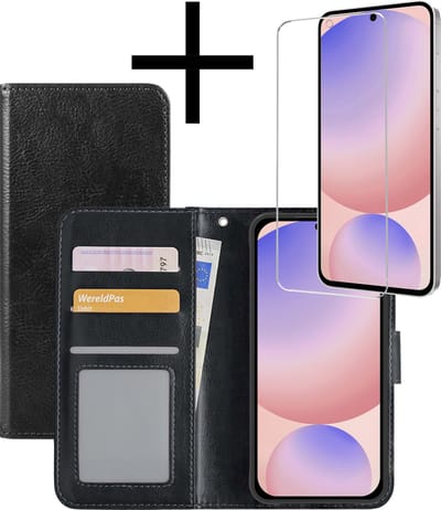 Hoesje - Met Screenprotector - Geschikt voor Samsung Galaxy S24 FE - Luxe Pasjeshouder - Bookcase Portemonee - Flip Case - Kunstleer Book Case - Flipcase - Book Cover - Walletcase - Portemonneehoes - Zwart
