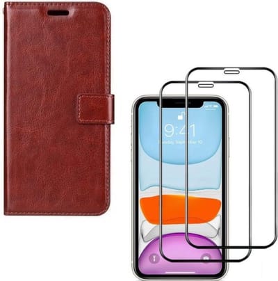 Telefoonhoesje Geschikt voor: iPhone 11 - Bookcase Bruin - portemonee hoesje + 2X Full cover Tempered Glass Screenprotector