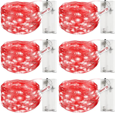 Batterijgevoede Sfeerverlichting met Timer - 3 m, 30 LED Waterdichte Koperdraad Lichtjes voor Feesten, Kerst en Trouwerijen - 6 Stuks, Rood