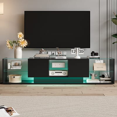 Moderne tv-kast, tv-standaard met 2 lades en 6 open planken, 200 x 35 x 45 cm, hoogglans led-tv-lowboard voor woonkamer en eetkamer, zwart (splitsen voor 2 pakketten voor verzending)
