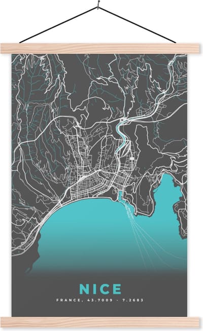 Posterhanger incl. Poster 40x60 cm - Schoolplaat - Kaart - Plattegrond - Nice - Frankrijk - Stadskaart - Textielposter - Blanke latten - Stadskaart