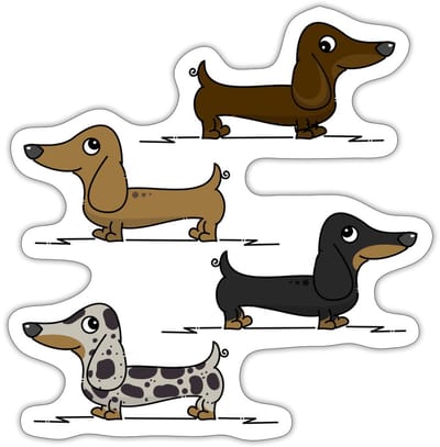 Vier Vrolijke Teckels Cartoon Ontwerp Sticker Maat S (max. 10 x 10cm)