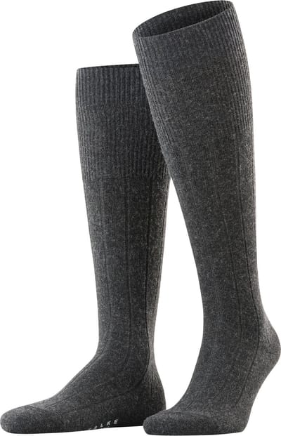 FALKE Lhasa Rib lang eenkleurig wol kasjmier kniekousen heren grijs - maat 39-42