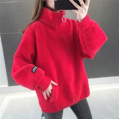 Herfst en Winter Mohair Losse Jas Korte Gebreide Vest Tops Effen Kleur Hoge Hals Damesjas S red
