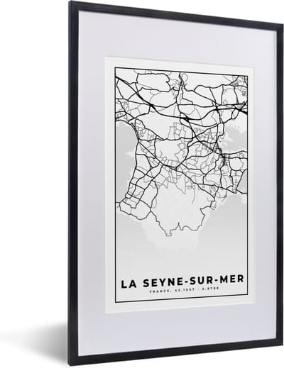 Fotolijst incl. Poster Zwart Wit- Plattegrond - La Seyne-sur-Mer - Kaart - Frankrijk - Stadskaart - Zwart wit - 40x60 cm - Posterlijst
