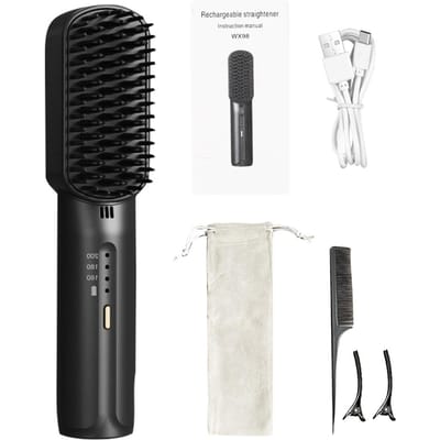Lisseur à Cheveux Portable Rechargeable USB Boucle Lisse Double Usage Peigne Lissant 0 noir