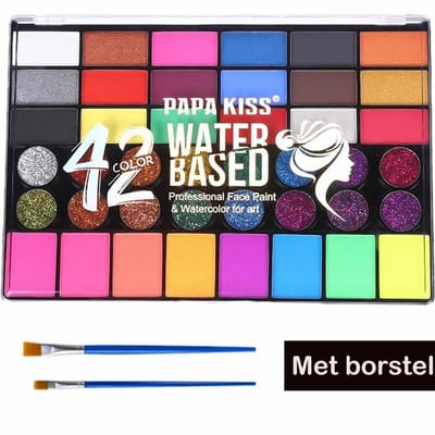 Meedeer Schmink voor kinderen-Schminkset-42 kleuren-12 kleuren fluorescerende pigmenten Wasbare gezichtsverf Veilige lichaamsverf-2 penselen-Voor volwassenen Kinderen Halloweenfeest Carnaval-Make-upverf niet giftig in gebruik