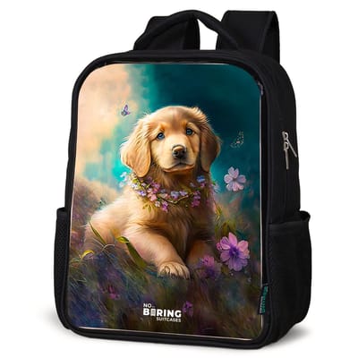 NoBoringSuitcases.com® - Rugzak zwart - Schooltas jongen & meisje - Goudkleurige puppy in het gras - Rugtas voor school - Boekentas kind - Schoolrugzak - Kinderrugzak