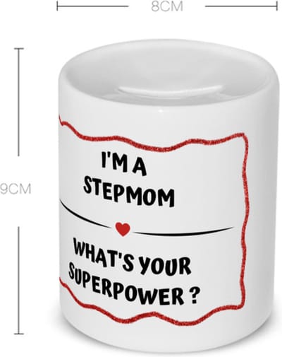 Akyol - i'm a stepmom what's your superpower? Spaarpot - Mama - super stiefmoeder - moeder cadeautjes - moederdag - verjaardag - geschenk - kado - 350 ML inhoud