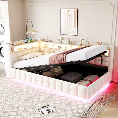 Sweiko Gestoffeerd bed - 90 × 200 cm - Opbergruimte - LED-verlichting - USB/Type-C-poorten - Slaapbank - Velvet - Beige