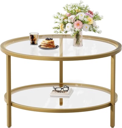 Ronde salontafel - Middentafel met opbergruimte - Woonkamer inrichten - Twee glazen niveaus - 27.6 Inch Diameter - Goud