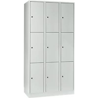 Vakkenkast 300 mm, 3 compartimenten, 9 vakken, veiligheidscilinderslot, sokkel, lichtgrijs