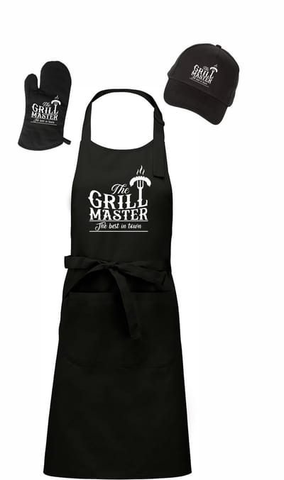 Mijncadeautje - Barbecue Voordeelset - BBQ Schort + BBQ Handschoen + BBQ Cap - The Grillmaster sausage - zwart