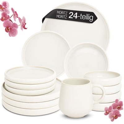 Moritz & Moritz SOLID UNI 24-delige Serviesset voor 6 Persoons – Modern Bordenset Creme – Aardewerk Servies met dinerborden, dessertborden en soepborden, koffiekopjes