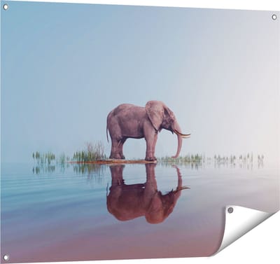 Gards Tuinposter Olifant bij het Water - 100x80 cm - Tuindoek - Tuindecoratie - Wanddecoratie buiten - Tuinschilderij