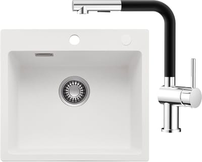 CECIPA max Spoelbak Keuken 40x45CM - Granieten spoelbak Met Keukenkraan met Uittrekbare Uitloop - Spoelbak Met Kraangat - Spoelbakken Met Afdruip - Wit