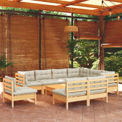 vidaXL - 10-delige - Loungeset - met - crèmekleurige - kussens - grenenhout