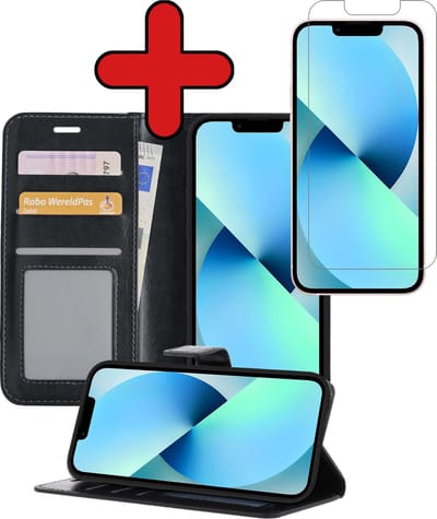 Hoesje - Met Screenprotector - Geschikt voor Apple iPhone 13 Mini - Luxe Pasjeshouder - Flipcase - Bookcase Portemonee - Flip Case - Kunstleer Book Case - Book Cover - Walletcase - Portemonneehoes - Telefoonhoes - Zwart