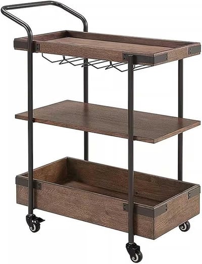 Keukentrolley Barcart 3-Laags Industrieel Vintage Design met Wielen en Rem – Houten & Metalen Serveertrolley Wijnrek Opbergwagen 3-Tier Rolling Bar Cart