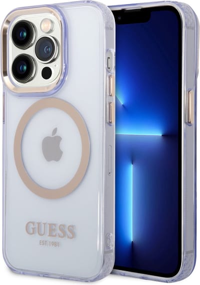 Guess iPhone 14 Pro Max Hardcase Backcover - Gold Buttons & Camera - Magsafe Compatible - Doorzichtig - Paars