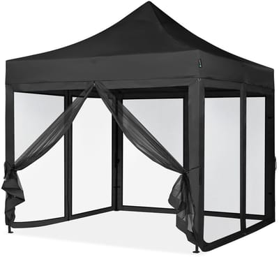 VONROC Easy-Up Partytent - 3x3 m - Premium easy-up Partytent - Set incl. Muggennet zijwanden- Modulair Ontwerp – Opvouwbaar – Waterdicht – Stalen Frame - 50+ UV Bescherming - Incl. Opbergtas - Zwart