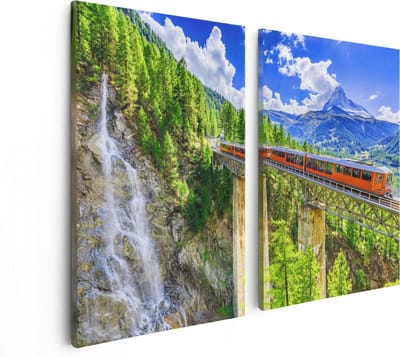 Artaza Canvas Schilderij Tweeluik Trein op een Brug bij een Waterval in Zwitserland - 80x60 - Foto Op Canvas - Canvas Print