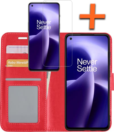 Hoes - Met Screenprotector - Geschikt voor OnePlus Nord 2T - Luxe Pasjeshouder - Bookcase Portemonee - Flip Case - Kunstleer Book Case - Flipcase - Book Cover - Walletcase - PortemonneeHoes - Rood