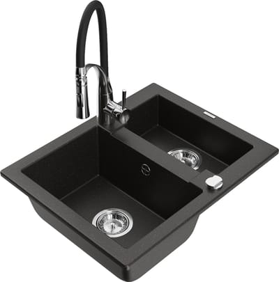Mexen Carlos granieten spoelbak 1,5-komorige met keukenkraan Aster, zwart/goud metallic - 6518-75-73450-07