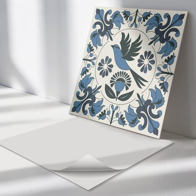 Wallfluent Vinyl Tegels - Patroon met Vogels en Bloemen Wand PVC Tegels - 30 cm x 30 cm - Blauw Vinyl Tegels - Verpakking van 9 stuks - Vierkant PVC Tegels - Bloemen en Planten Plaktegels - Vinyl Tegels Zelfklevend - Plaktegels Keuken en Badkamer