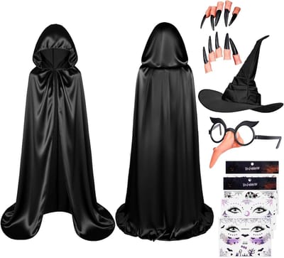 Heksen Cape voor Halloween en Kerst, Lange Gewaad met Kap, Verkleedkostuum voor Feestjes en Maskerades, Inclusief Hoed en Handschoenen