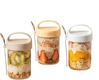 Dutchers.® Overnight Oats Cups van Glas - Set van 3 - Gemakkelijk mee te nemen - Muesli Beker - Lunchpot - Yoghurtbeker - Beker To Go - Milieuvriendelijk - Magnetronbestendig - Sterk Sluitsysteem - Ontbijt & Lunch - Luchtdicht