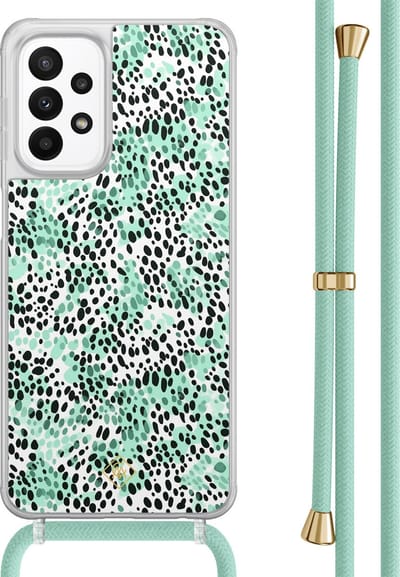 Casimoda® hoesje met mintgroen koord - Geschikt voor Samsung A23 - Luipaard Mint - Afneembaar koord - TPU/acryl - Mint