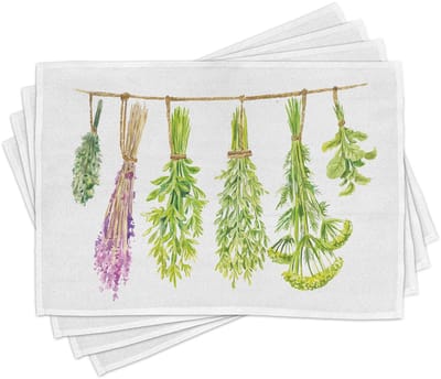 ABAKUHAUS Kruiden placematten met gedroogde planten, wasbare stof voor keuken en eetkamer als tafeldecoratie, wit, lindengroen en lavendel