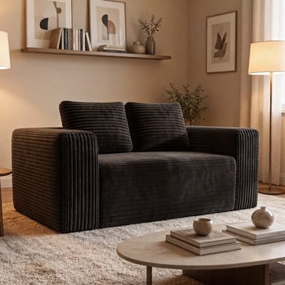 Tweezitsbank met Diepe Zitting en Frame, Geen Montage Nodig, Gemaakt van Zachte Corduroy Stof, Moderne Woonkamerbank voor Kleine Ruimtes Zoals Appartementen, Slaapkamers en Kantoren (Zwart)