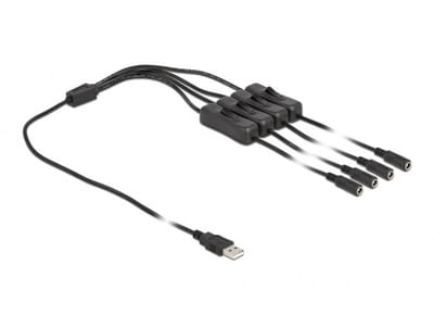 USB-A - 4x DC plug splitter | 5,5 x 2,1mm | max. 5V/3A (15W) | schakelaars | zwart | 1 meter