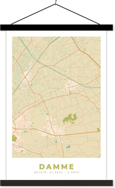 Posterhanger incl. Poster 40x60 cm - Schoolplaat - Damme - Kaart - Vintage - Stadskaart - Plattegrond - Textielposter - Zwarte latten - Stadskaart