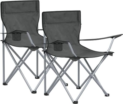 Songmics MGCB001G11 Campingstoelen, stoelen, voor buiten, armleuningen, tas voor kopjes, opvouwbaar, maximale belasting 120 kg, 2 opklapstoelen, leigrijs