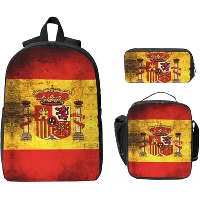 3 Stuks Spaanse Vlag Prints Rugzak Set voor Kinderen Pennen Etuis Boekentas Sets met Lunchbox Voor Schoolleerlingen Rugzak black