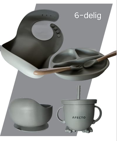 Siliconen Baby Eetset – 5-delig – Bord met Vakken, Lepel & Vork, Slab met Vangbakje, Zuignap Kom & Drinkbeker met Rietje – BPA-vrij - grijs - complete set