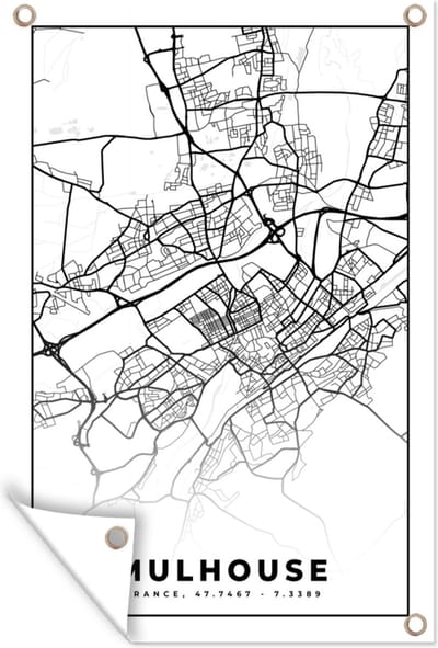 Muurdecoratie Frankrijk - Mulhouse - Kaart - Plattegrond - Stadskaart - Zwart wit - 120x180 cm - Tuinposter - Tuindoek