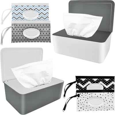 Set van 2 Navulbare Vochtige Doekjes Dispenserdozen en 4 Reisverpakkingen voor Babydoekjes