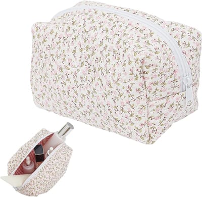 Cosmetica Tas voor Vrouwen - Grote Capaciteit, Gequilt Katoen met Bloemenpatroon, Ideaal voor Reizen en Thuisgebruik, Roze