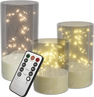 NAIZY 3x LED Kaarsen Kerstkaarsen Theelichtjes draadloos warm wit Kerstkaars met timerfunctie afstandsbediening kaars met clip, voor feestdecoratie met Batterij 3 verschillende hoogtes, Transparant