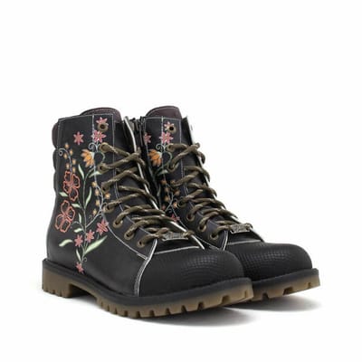 GOBY – Midnight Garden Dames Boots – Handmade en Vegan – Zwart met Geborduurde Bloemen – Maat 41