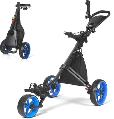 Sello! golftrolley – golftas – golfkar – opvouwbaar – stevig frame – stevige wielen – multifunctionele opbergvakken – zwart – blauw