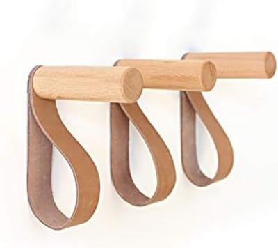 PromoHome Scandinavische Wandhaak Set - 3 Houten Haken met Leren Lus